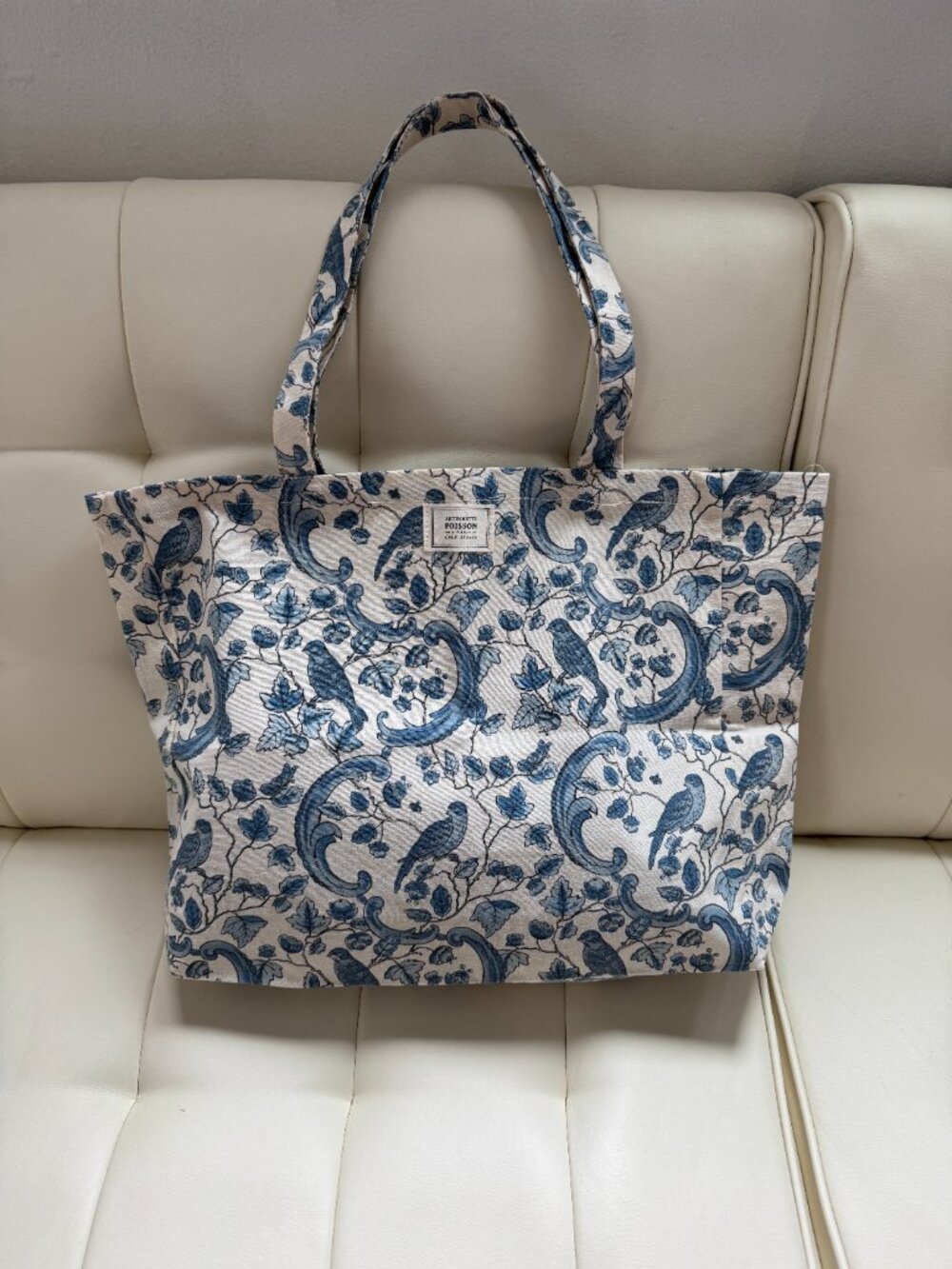 Sézane x Antionette Poisson blue birds cotton canvas tote bag vintage print NWOT